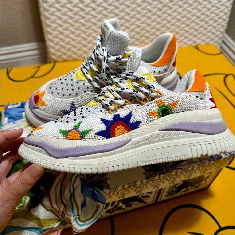 NEW FARM Rio Sunset Beaded Platform Sneaker White Multi Colored Women's Size 8.5
